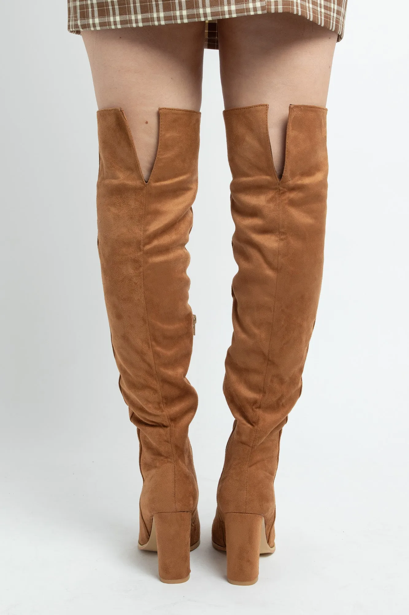 Daisy Street Tan Heeled Over the Knee Boots in Faux Suede