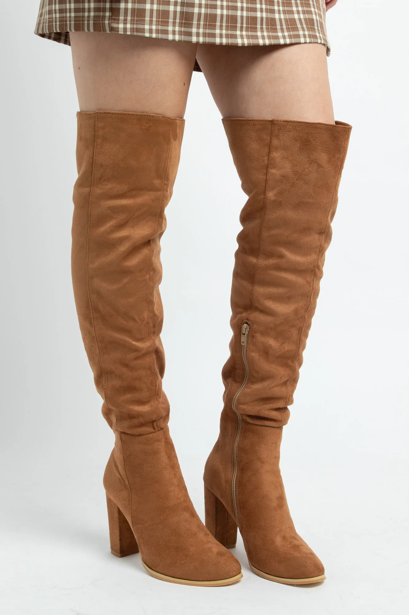 Daisy Street Tan Heeled Over the Knee Boots in Faux Suede