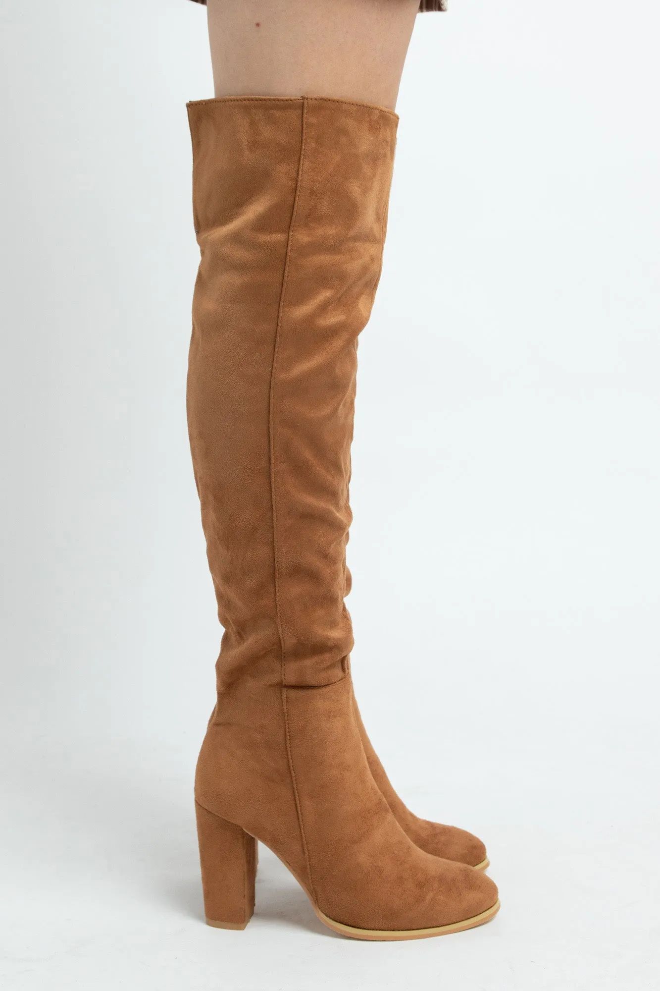 Daisy Street Tan Heeled Over the Knee Boots in Faux Suede