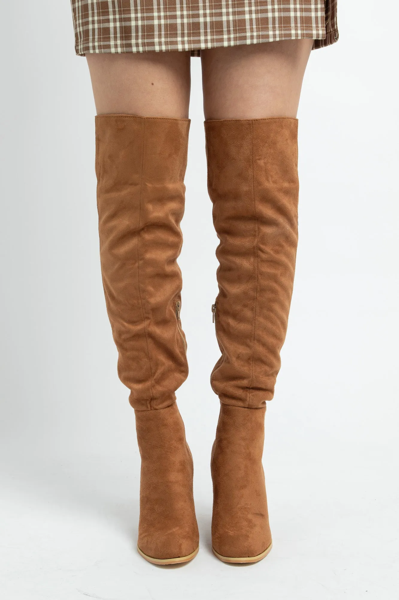 Daisy Street Tan Heeled Over the Knee Boots in Faux Suede