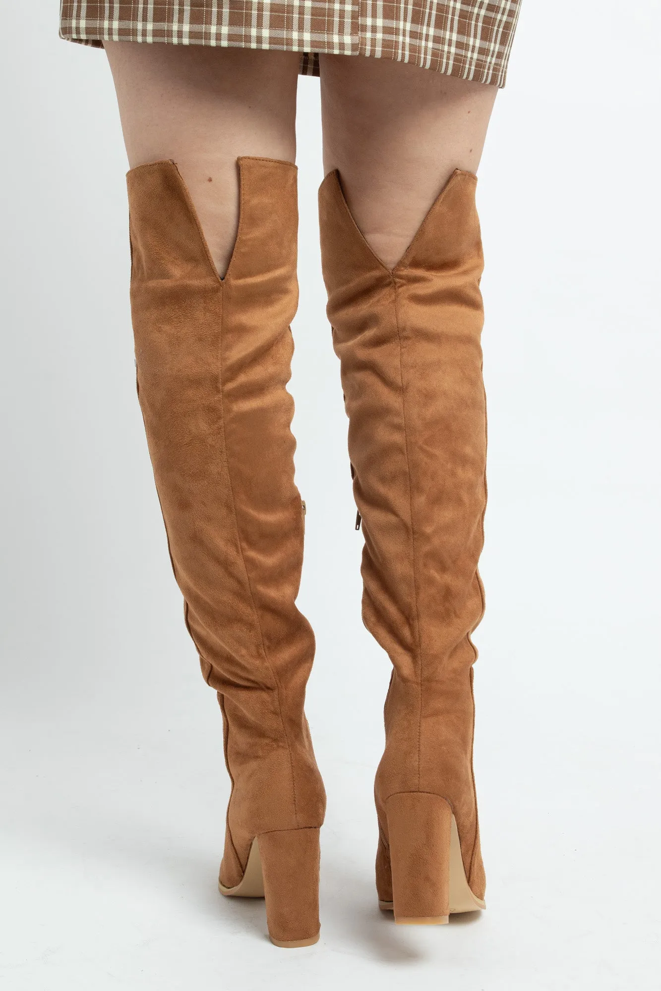 Daisy Street Tan Heeled Over the Knee Boots in Faux Suede