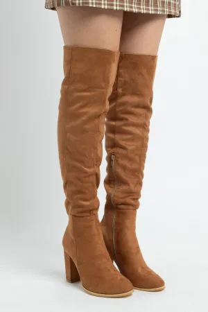 Daisy Street Tan Heeled Over the Knee Boots in Faux Suede