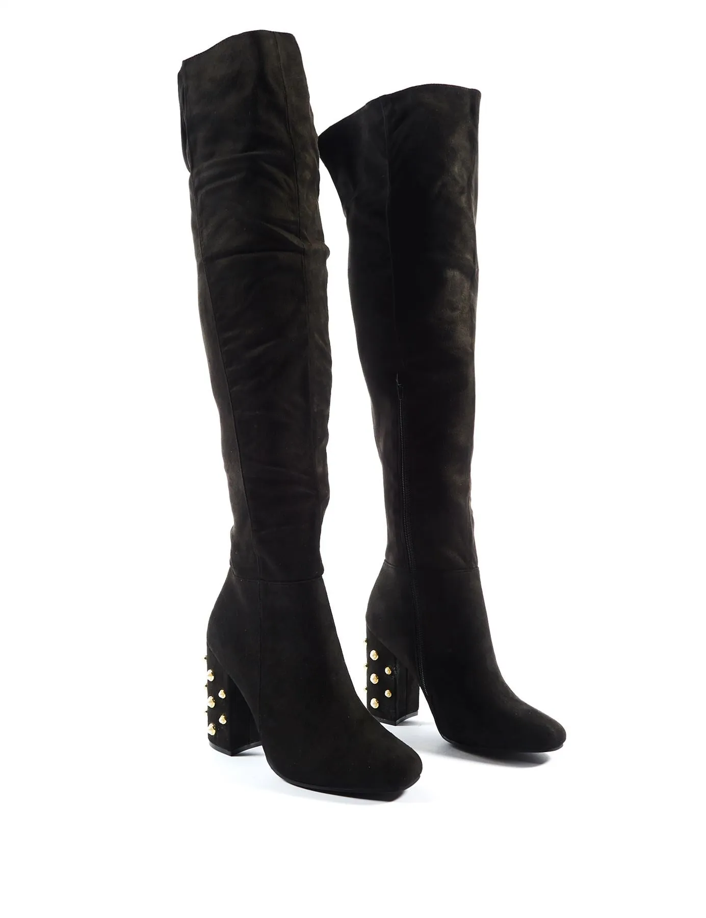 Devoted Pearl Block Heel Over The Knee Boots in Black Faux Suede