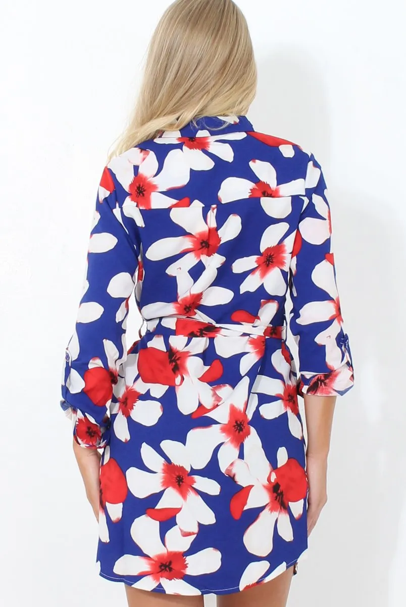 Fraul Blue And White Floral Print Shirt Dress