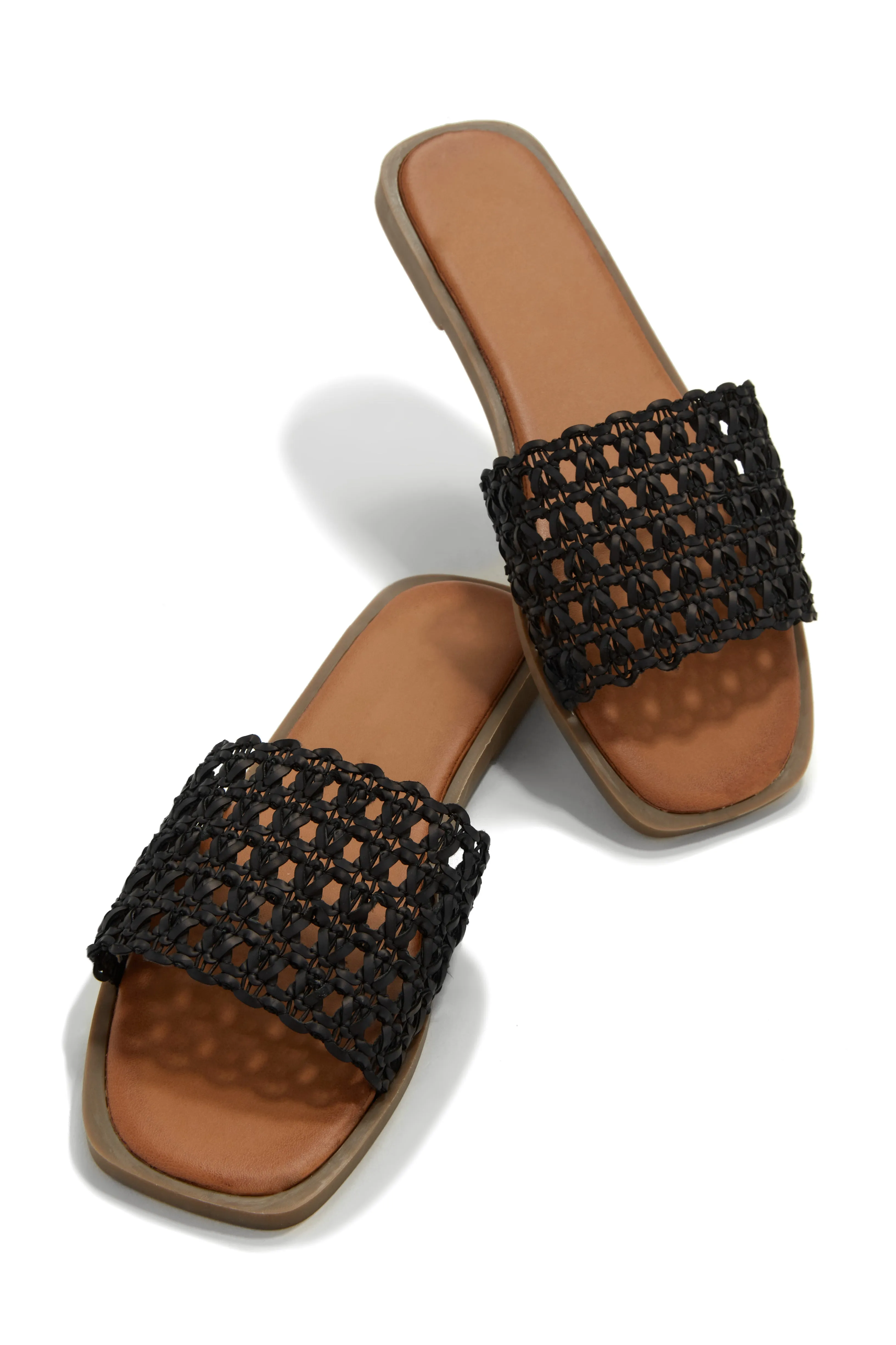 Getaway Oasis Woven Strap Flat Slip On Sandals - Black