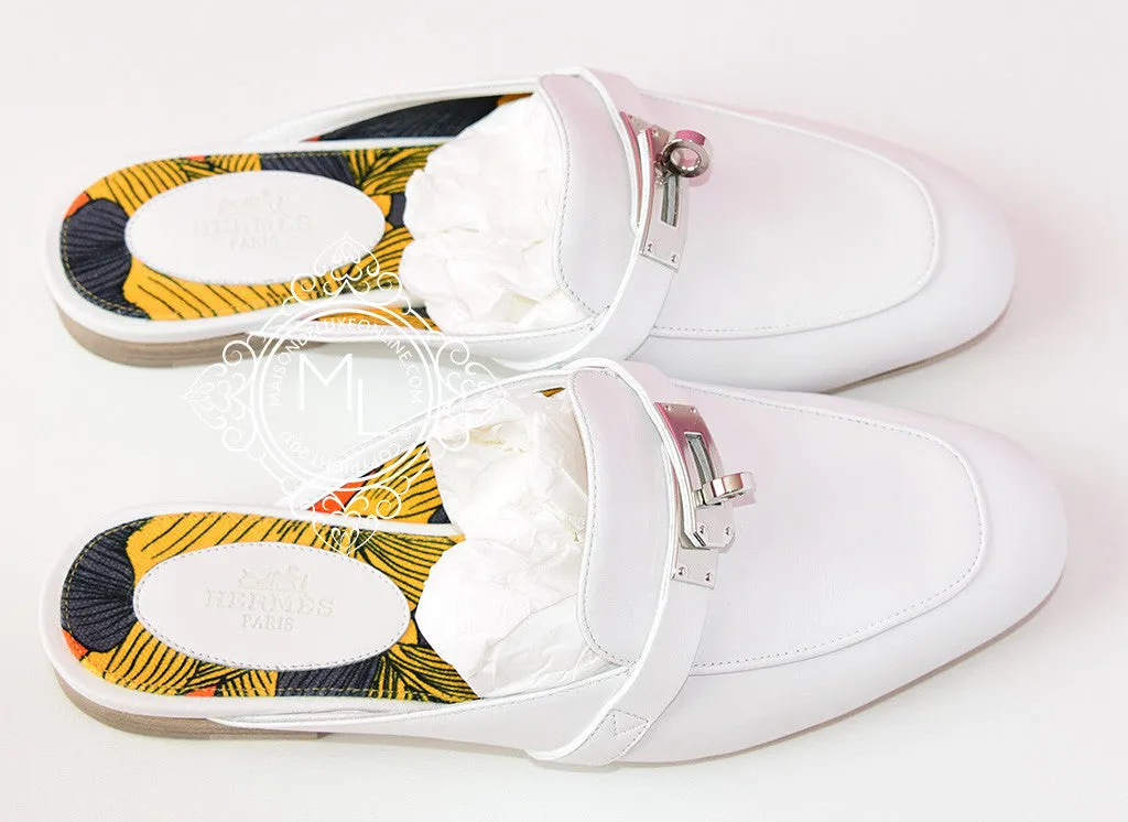 Hermes Womens White OZ Kelly Mules 36 Shoes
