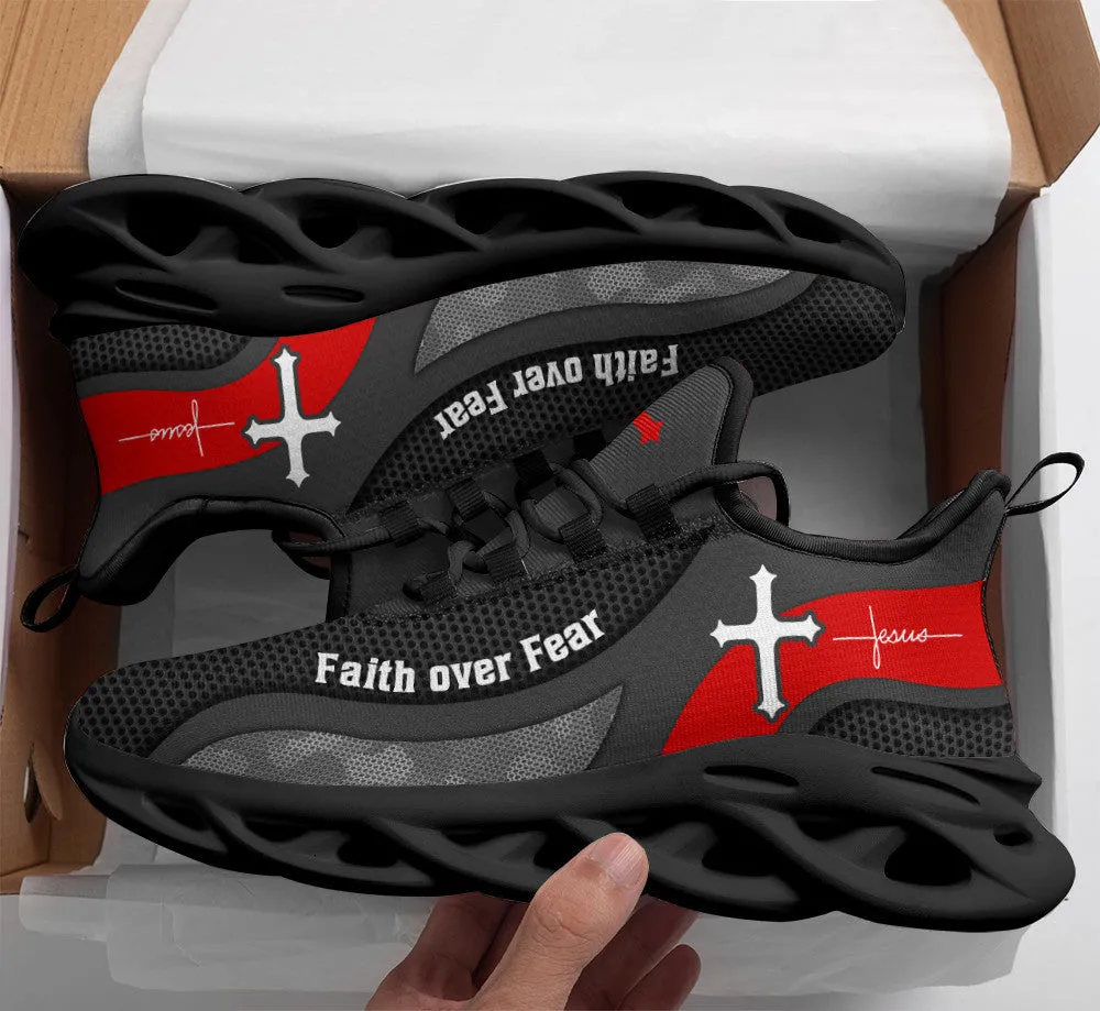 Jesus Faith Over Fear Running Sneakers Grey Max Soul Shoes - Christian Shoes For Men And Women