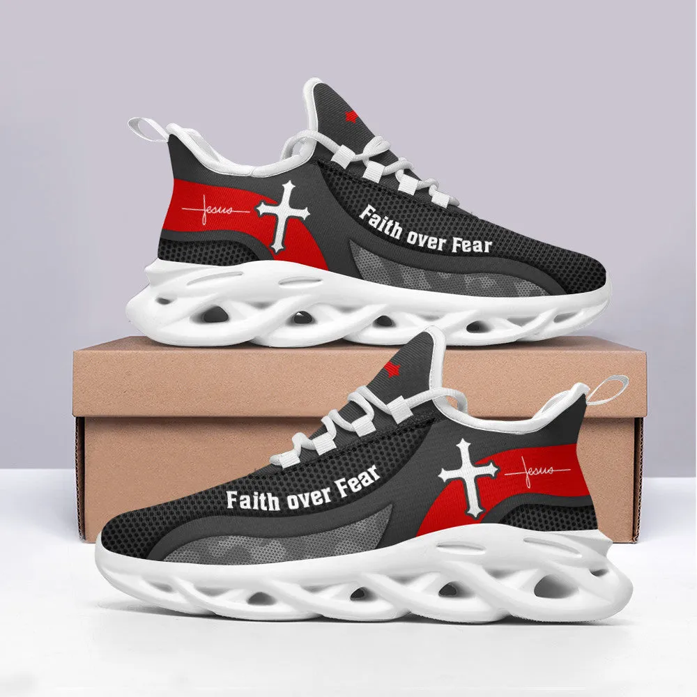 Jesus Faith Over Fear Running Sneakers Grey Max Soul Shoes - Christian Shoes For Men And Women