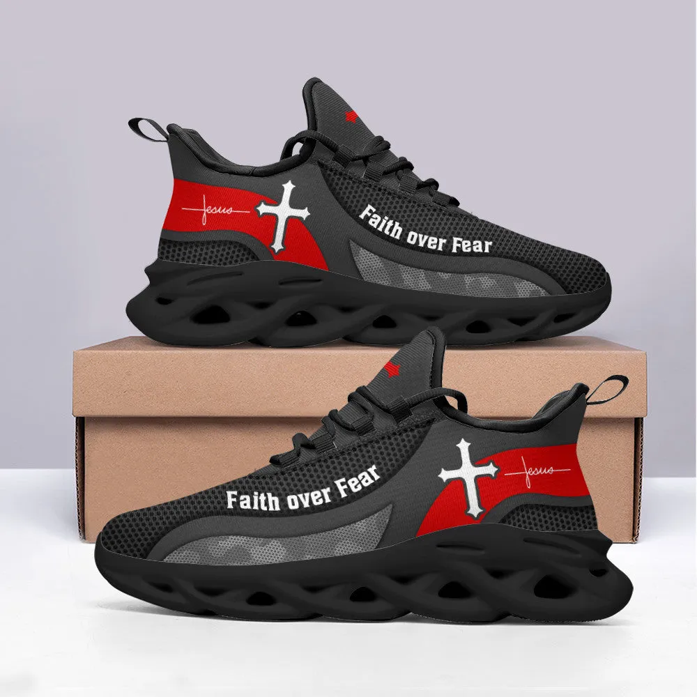 Jesus Faith Over Fear Running Sneakers Grey Max Soul Shoes - Christian Shoes For Men And Women