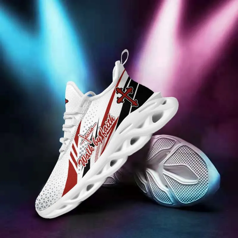 Jesus Walk By Faith Running Sneakers Red And White Max Soul Shoes - Christian Shoes For Men And Women