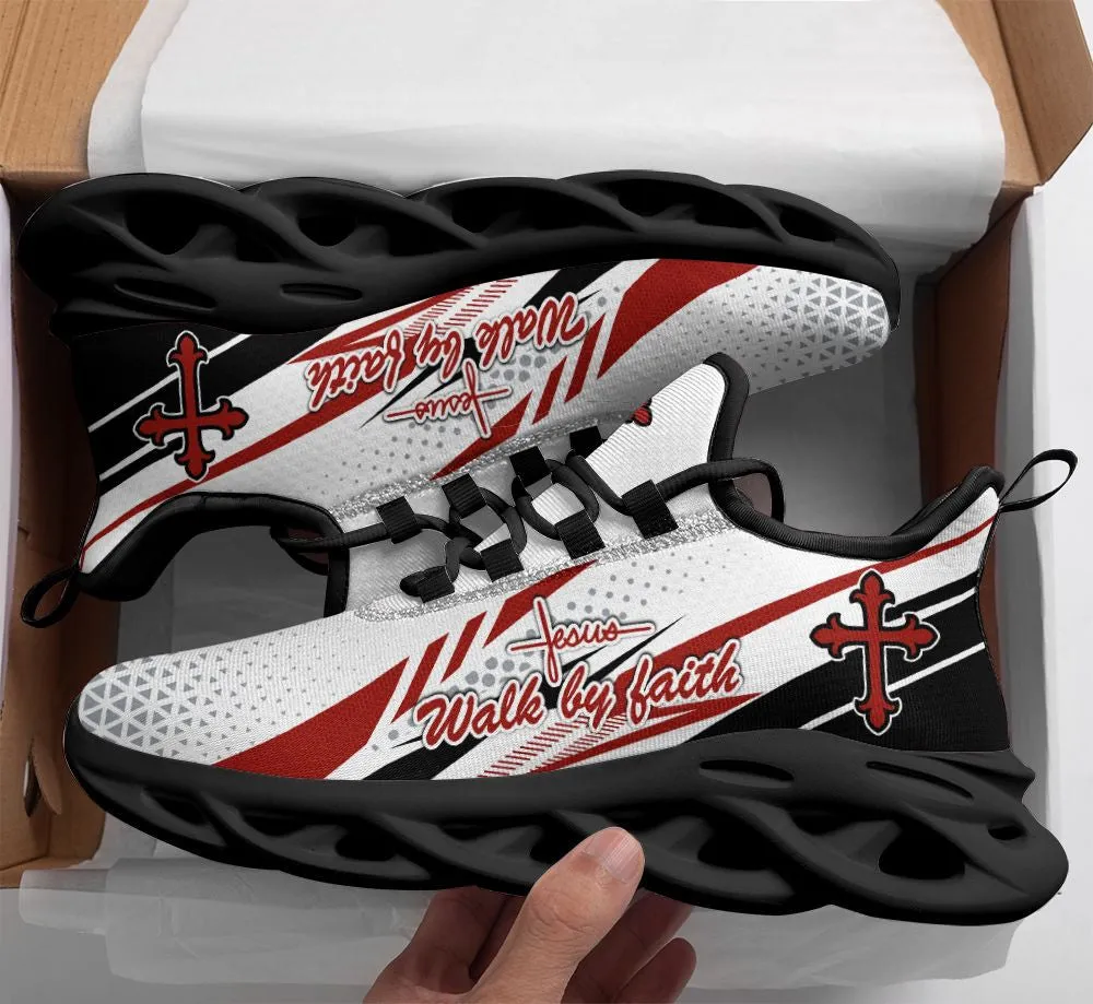 Jesus Walk By Faith Running Sneakers Red And White Max Soul Shoes - Christian Shoes For Men And Women