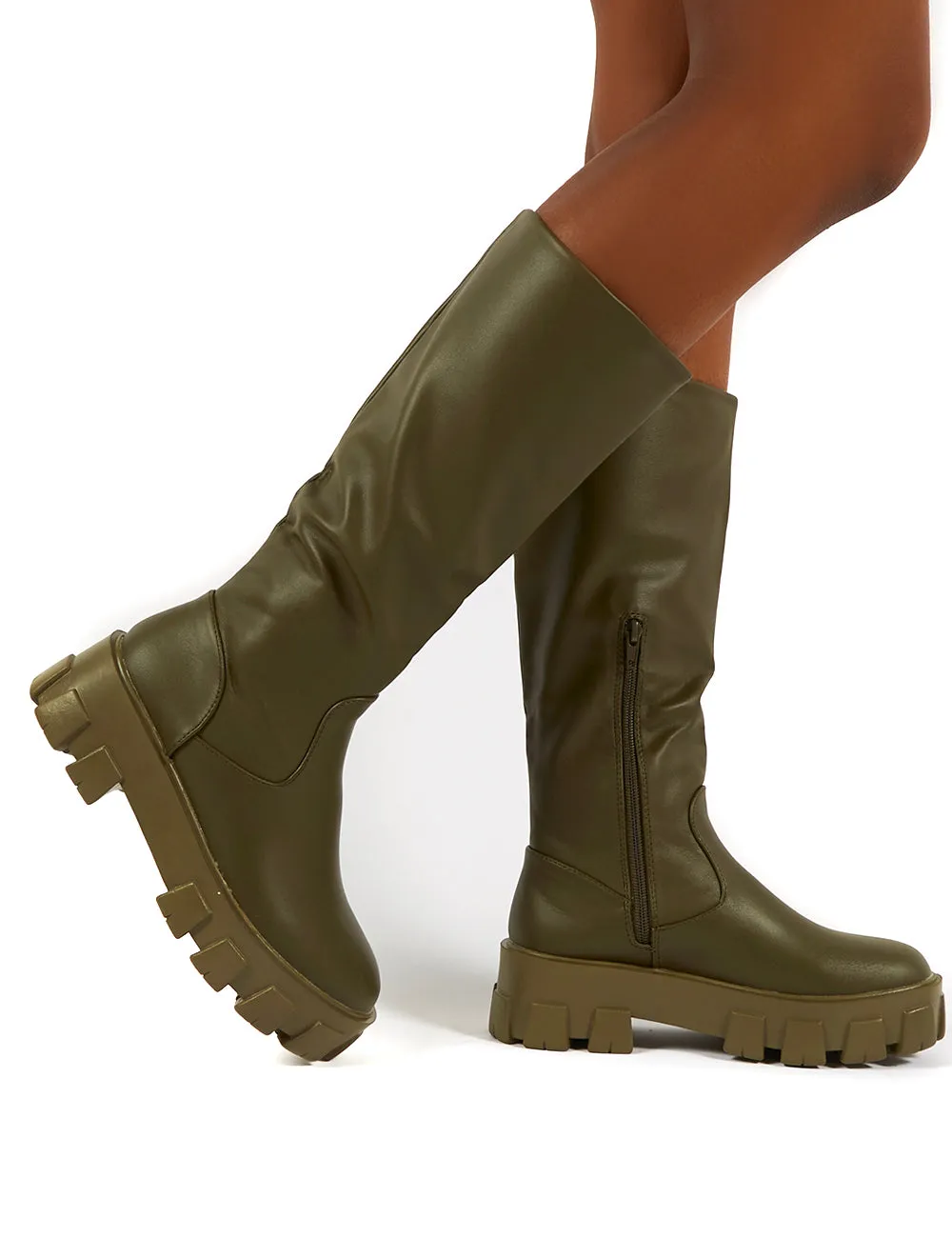 Karma Khaki Chunky Sole Knee High Boot