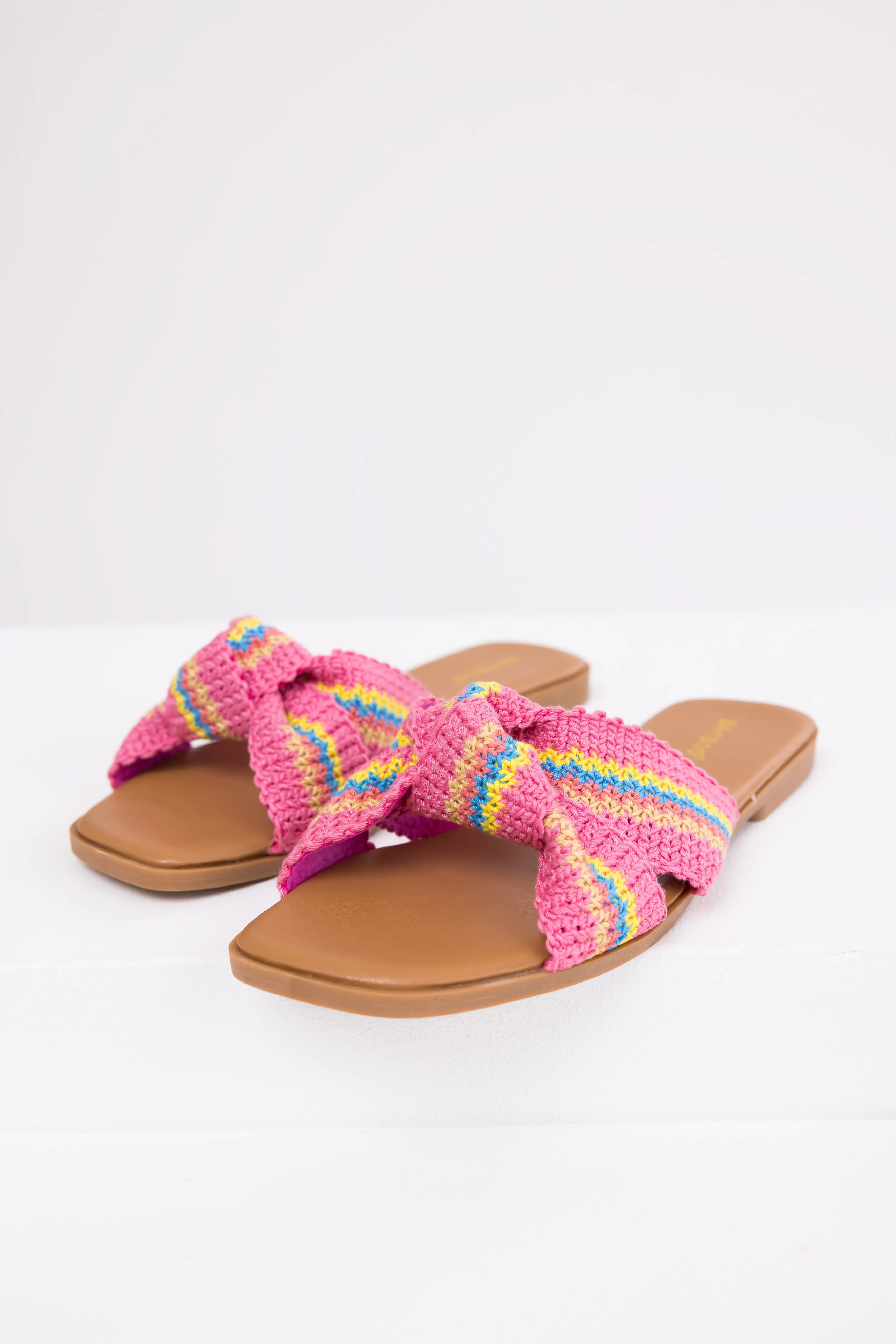 Magenta Knit Strap Open Toe Flat Sandals
