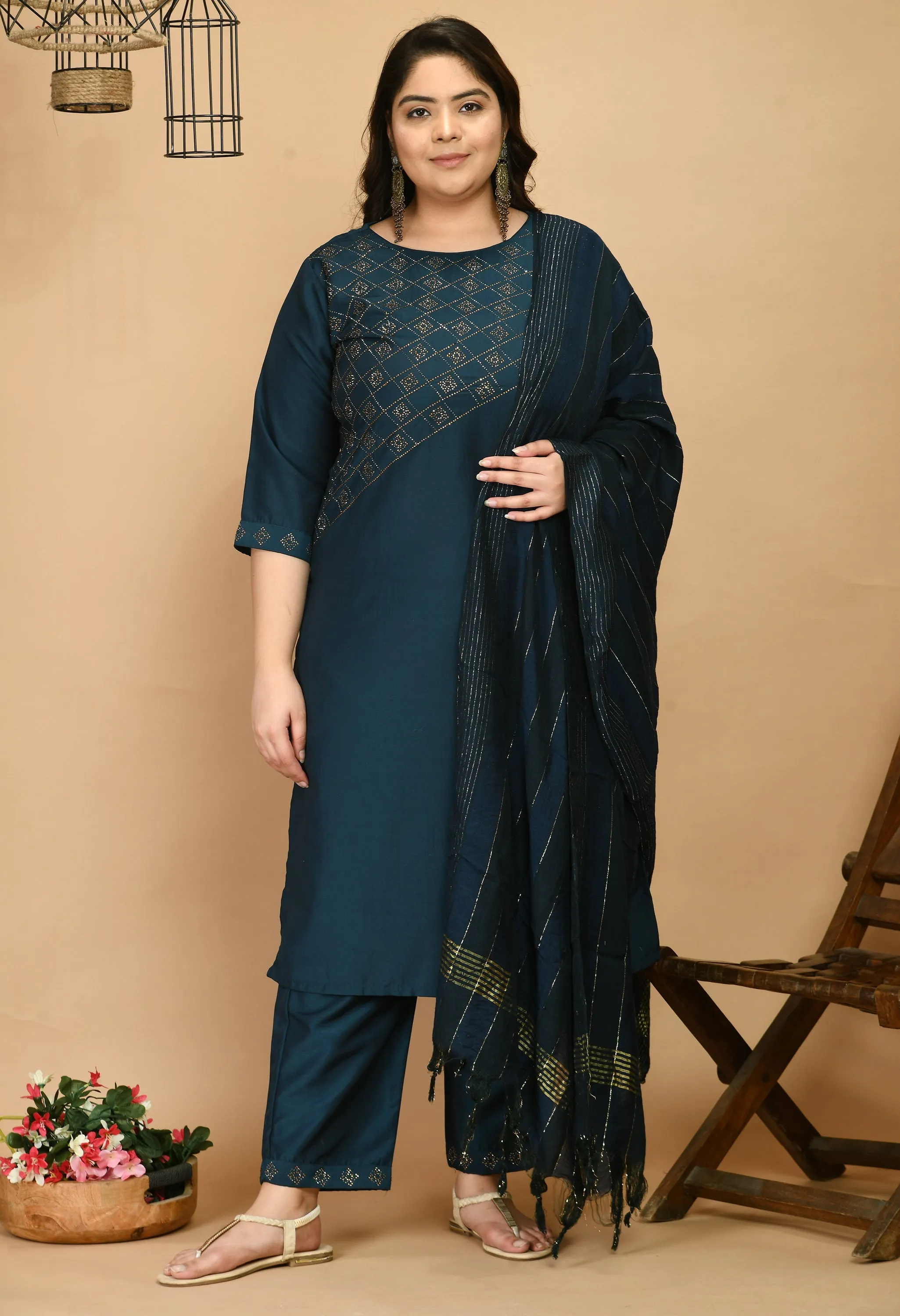 Plus Size Shimmering Teal Blue Swarovski Kurta Pant Set with Dupatta