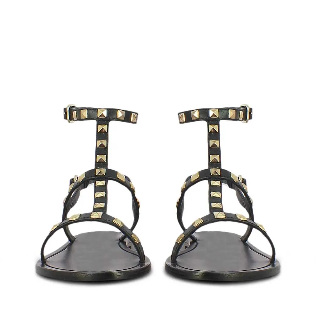 Saint Miriam Black Leather Flat Sandals