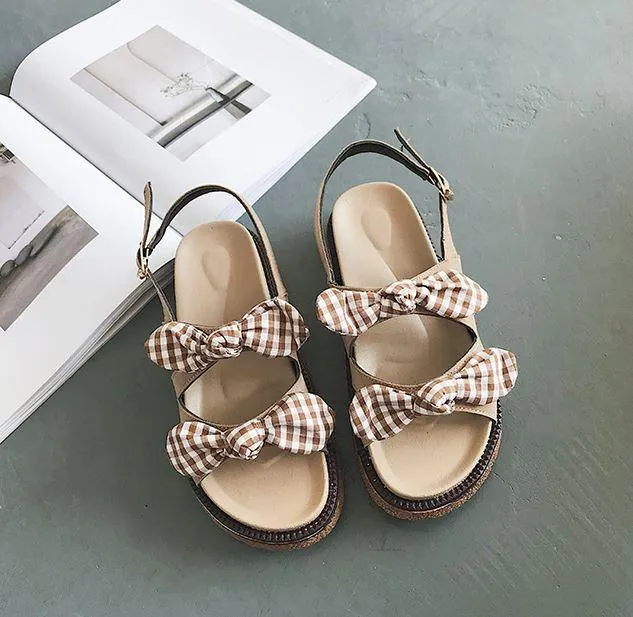 Two Bows Beige Platform Wooden Flat Sandals