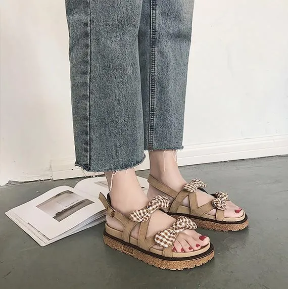 Two Bows Beige Platform Wooden Flat Sandals