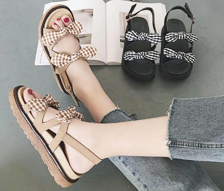 Two Bows Beige Platform Wooden Flat Sandals