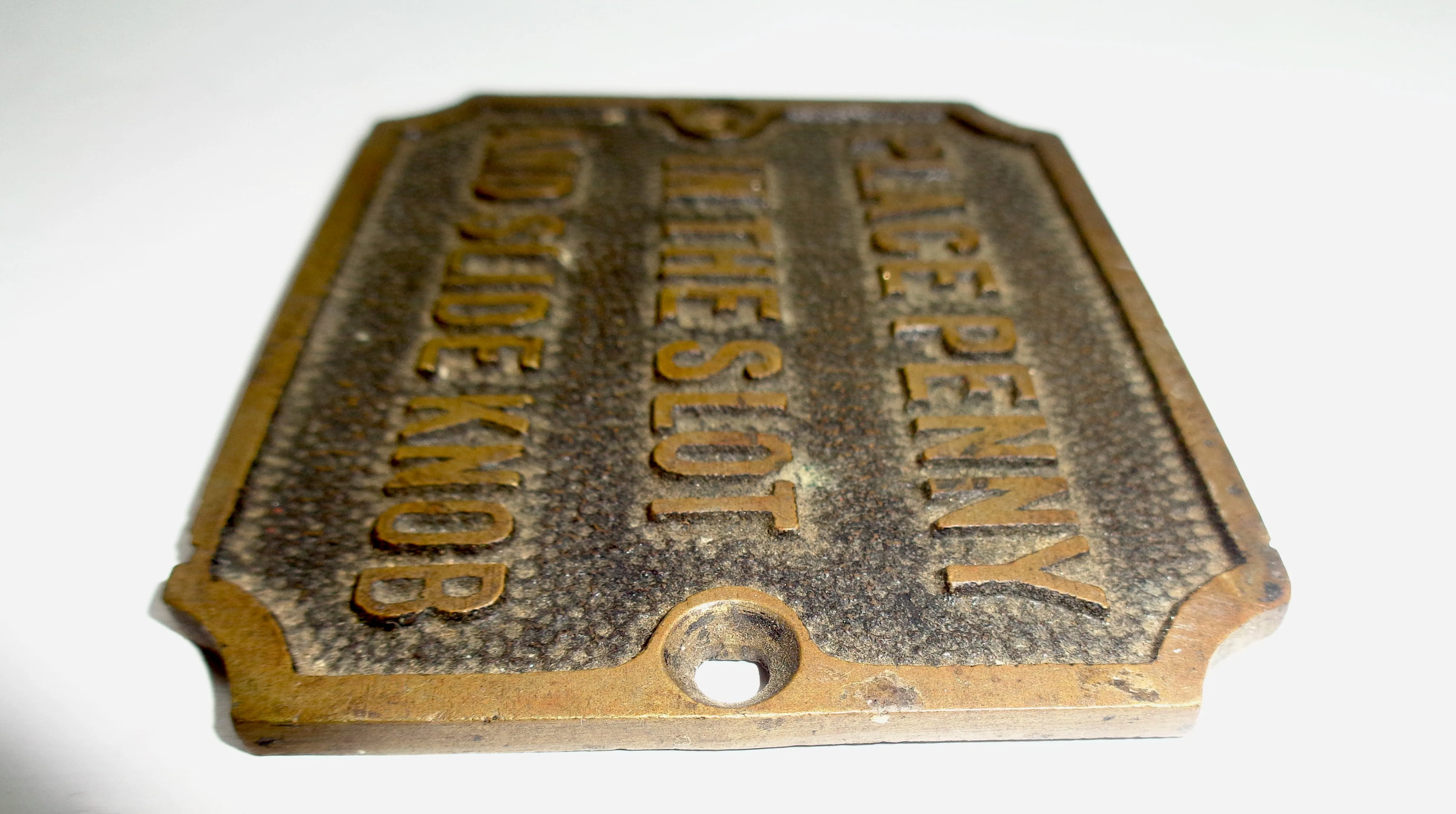 Vintage Brass Instructional Sign: Place Penny in the Slot and Slide Knob